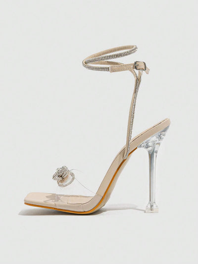 Women's Rhinestone Embellished Bow Knot High Heeled Sandals With Bare Strap And Buckle