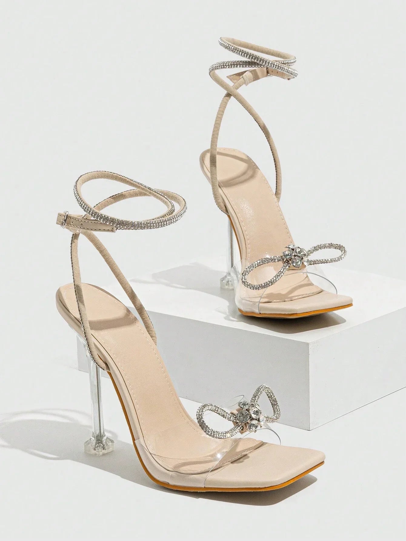 Women's Rhinestone Embellished Bow Knot High Heeled Sandals With Bare Strap And Buckle