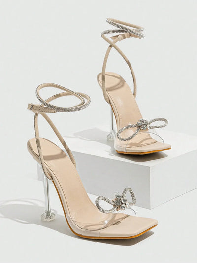Women's Rhinestone Embellished Bow Knot High Heeled Sandals With Bare Strap And Buckle
