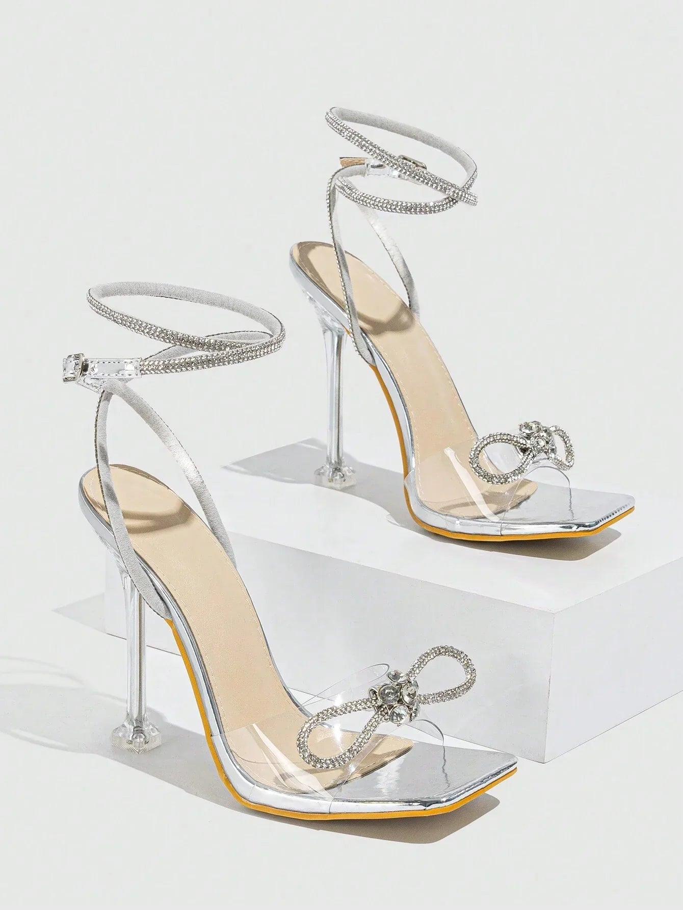 Women's Rhinestone Embellished Bow Knot High Heeled Sandals With Bare Strap And Buckle