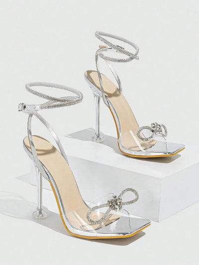 Women's Rhinestone Embellished Bow Knot High Heeled Sandals With Bare Strap And Buckle