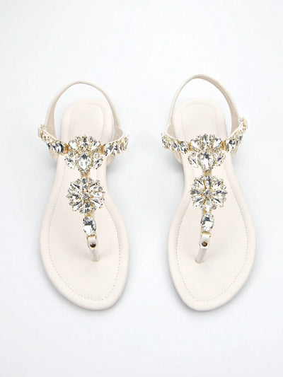 Women Rhinestone Decor Ankle Strap Thong Sandals