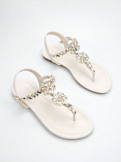 Women Rhinestone Decor Ankle Strap Thong Sandals