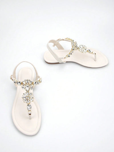 Women Rhinestone Decor Ankle Strap Thong Sandals