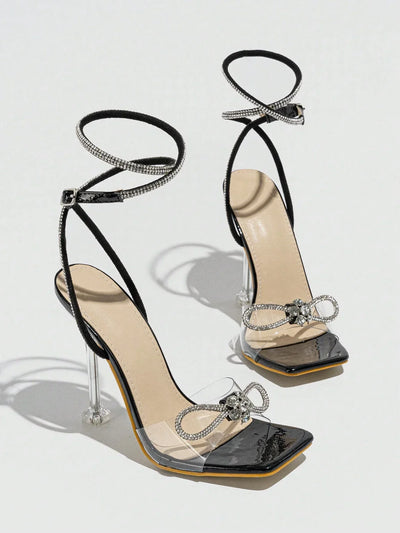 Women's Rhinestone Embellished Bow Knot High Heeled Sandals With Bare Strap And Buckle