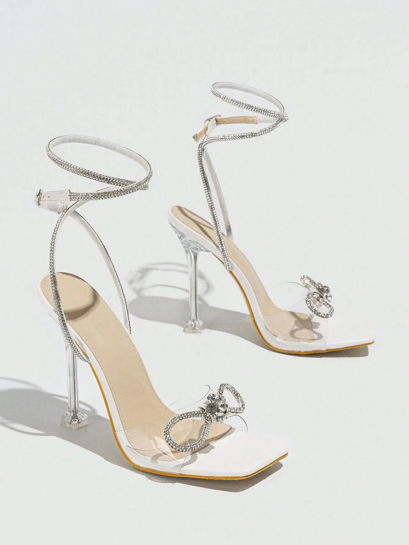 Women's Rhinestone Embellished Bow Knot High Heeled Sandals With Bare Strap And Buckle