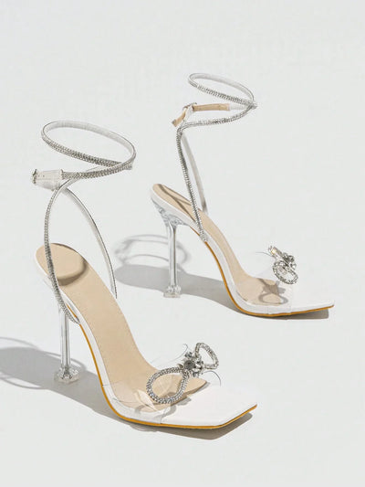 Women's Rhinestone Embellished Bow Knot High Heeled Sandals With Bare Strap And Buckle