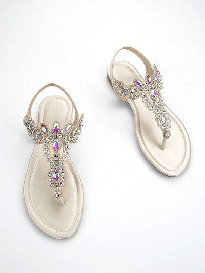 Women Rhinestone Decor Ankle Strap Thong Sandals