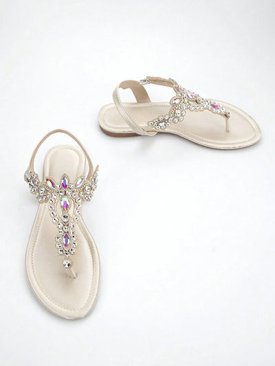 Women Rhinestone Decor Ankle Strap Thong Sandals