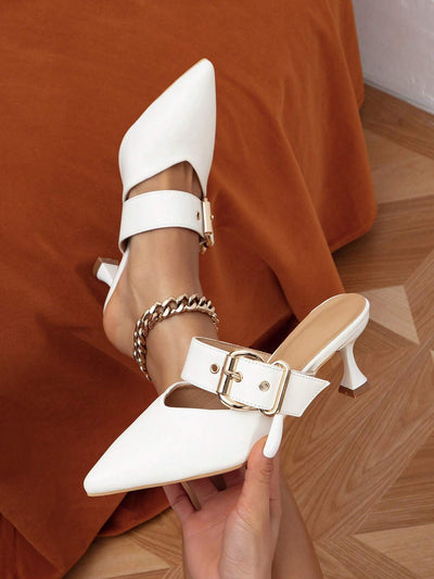 Women Buckle Decor Pyramid Heeled Mule Pumps