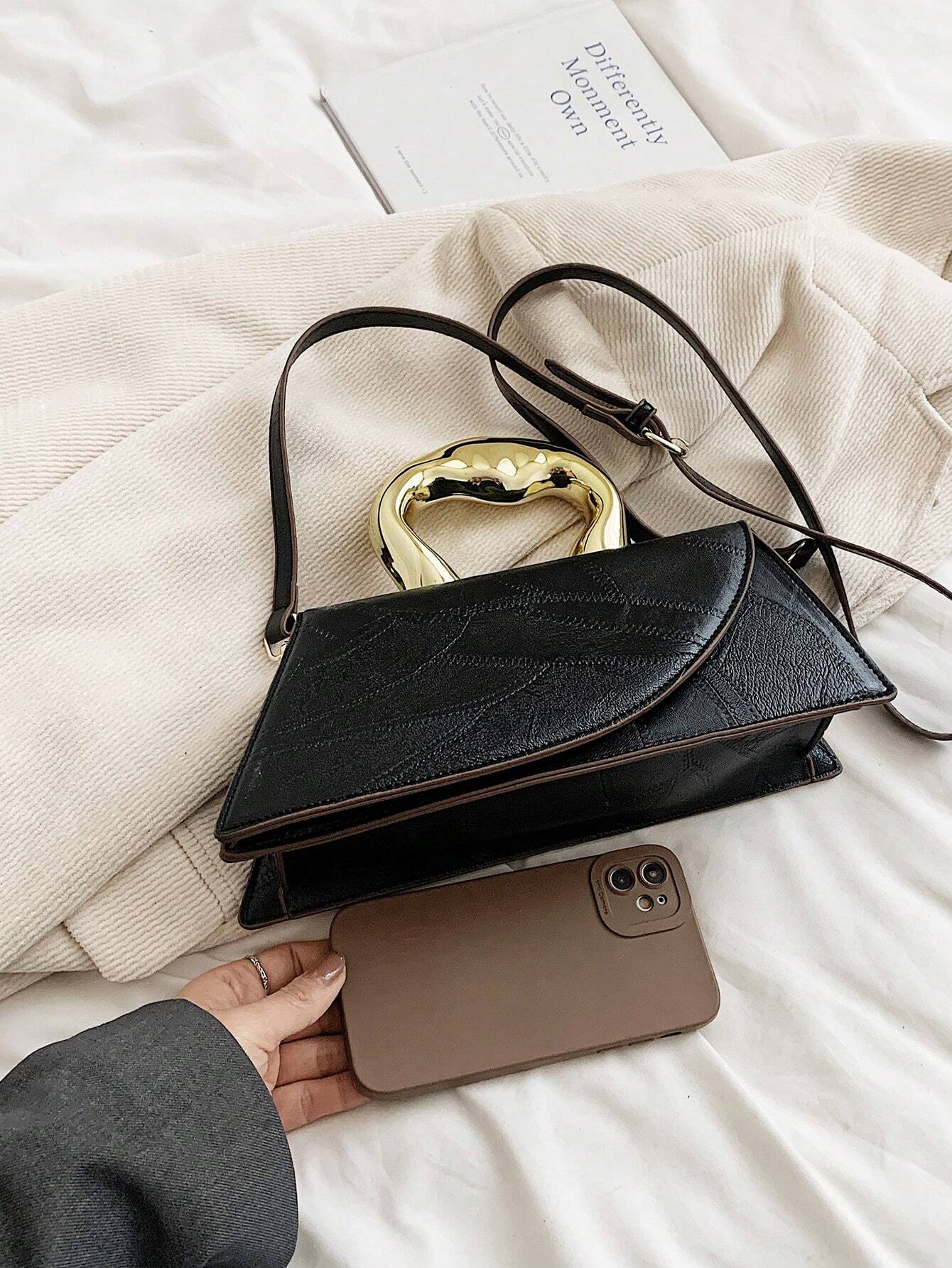 Medium Flap Bag Metal Handle Elegant Niche Design Satchel Bag