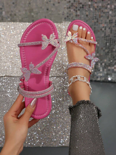 Rhinestone Bow & Multiple Straps Two Way Wear Women's Slippers