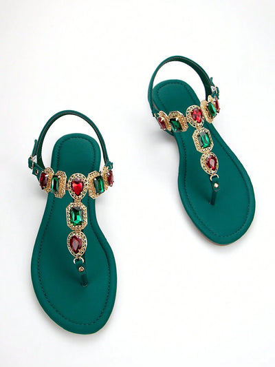 Women Rhinestone Decor Ankle Strap Thong Sandals