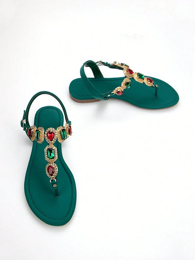 Women Rhinestone Decor Ankle Strap Thong Sandals