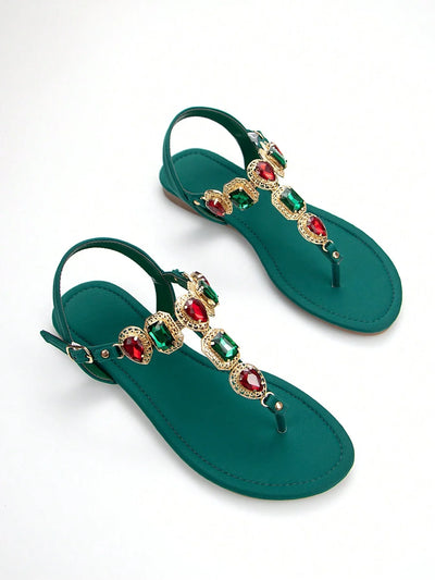 Women Rhinestone Decor Ankle Strap Thong Sandals