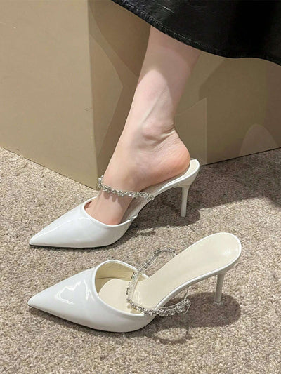 Women Rhinestone Decor Point Toe Stiletto Heeled Mule Pumps