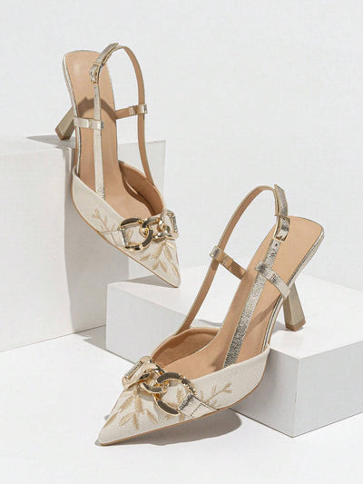 Women's Embroidery Chain Decor Pointed Toe Slip-On High Heel Sandals