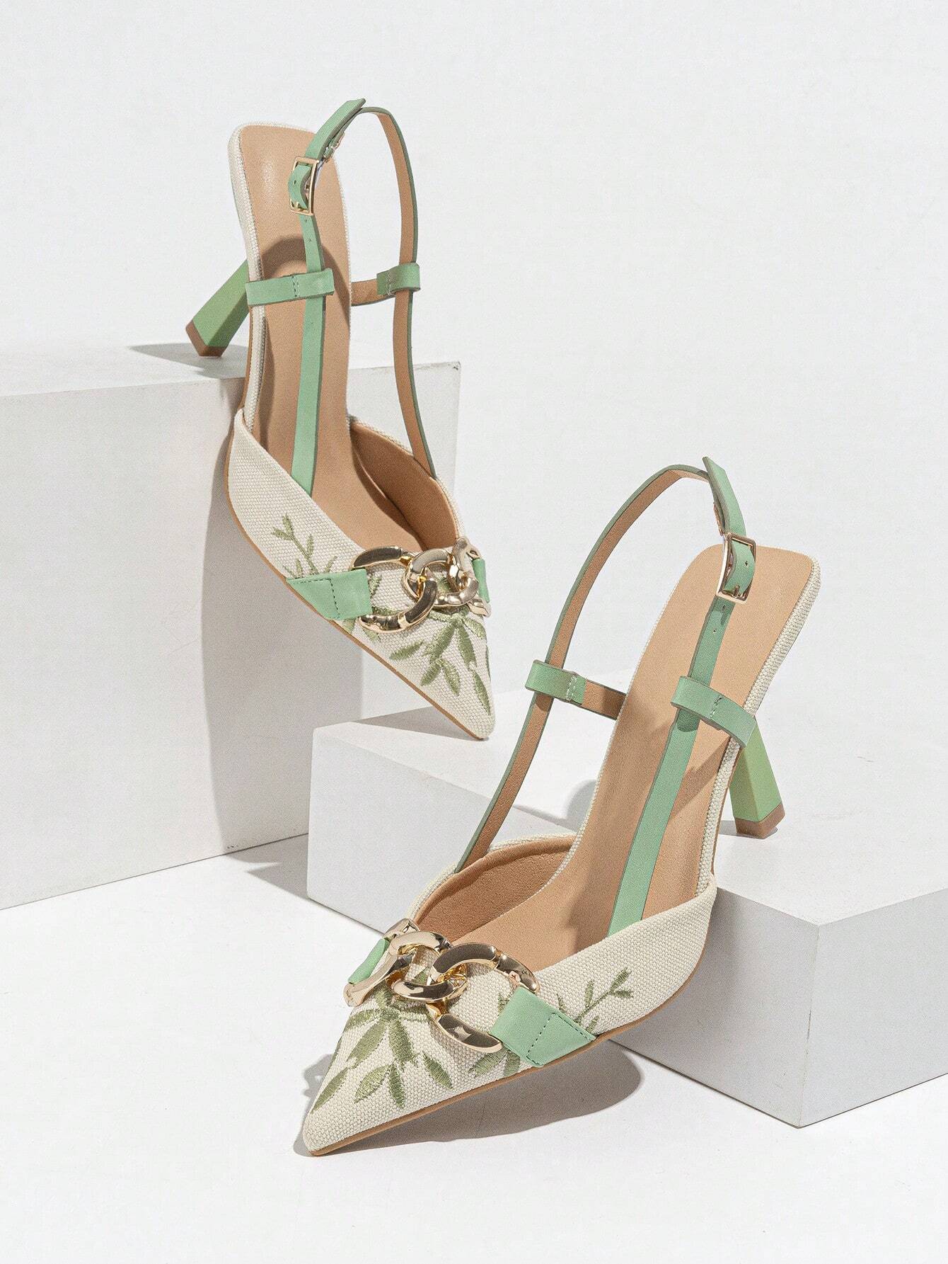 Women's Embroidery Chain Decor Pointed Toe Slip-On High Heel Sandals