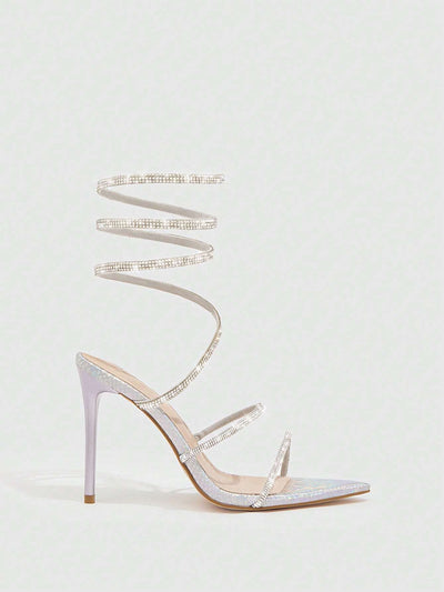 CUCCOO SZL Woman Shoes Rhinestone Decor Stiletto Heeled Strappy Glamorous Banquet Heeled Sandals