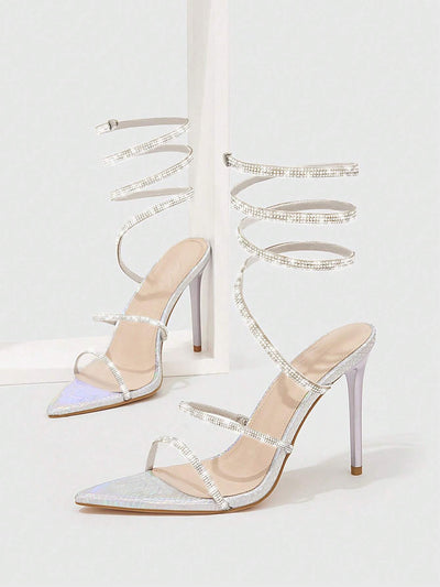 CUCCOO SZL Woman Shoes Rhinestone Decor Stiletto Heeled Strappy Glamorous Banquet Heeled Sandals