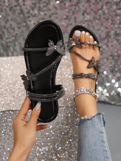 Rhinestone Bow & Multiple Straps Two Way Wear Women's Slippers