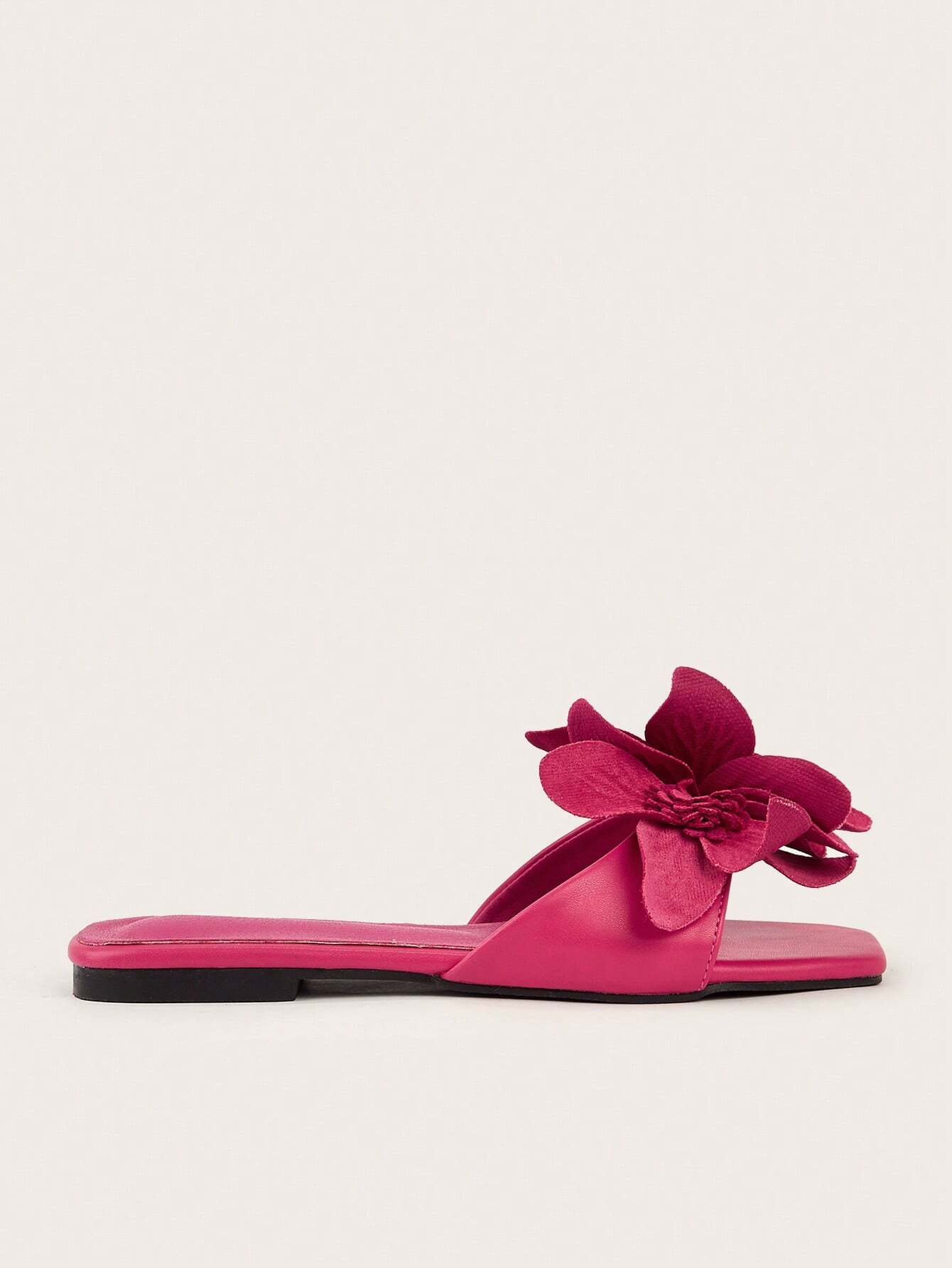 Elegant Floral Rose Pink Square Toe Flat Sandals