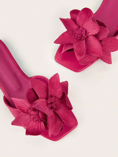 Elegant Floral Rose Pink Square Toe Flat Sandals