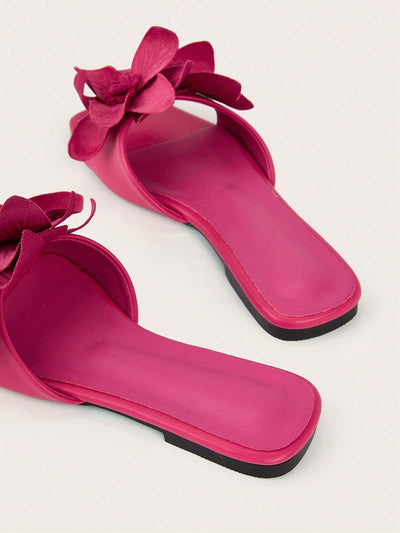 Elegant Floral Rose Pink Square Toe Flat Sandals