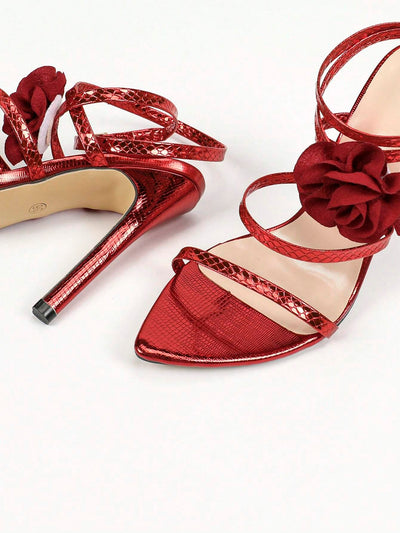 Women's Floral Print Cross Strappy Buckle Open Toe Stiletto High Heel Sandals
