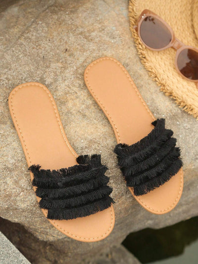 Women's Vacation Style Flat White Fringed Sandals