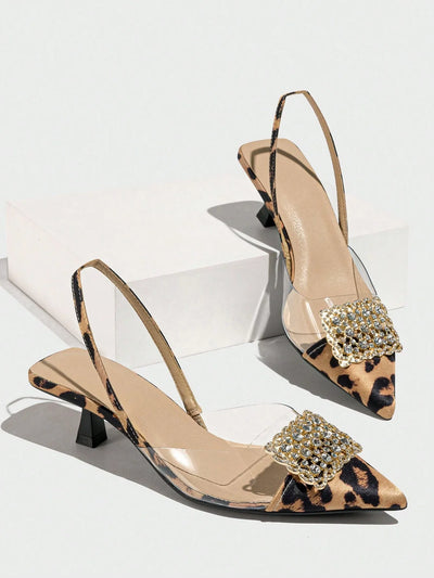 Women's Rhinestone Decorated Pointed Toe Slingback Kitten Heel Slip-On Pumps