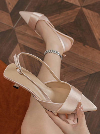 Women Slingback Single Shoes With Buckle Design, Pointed Toe, Kitten Heel, And Back Strap