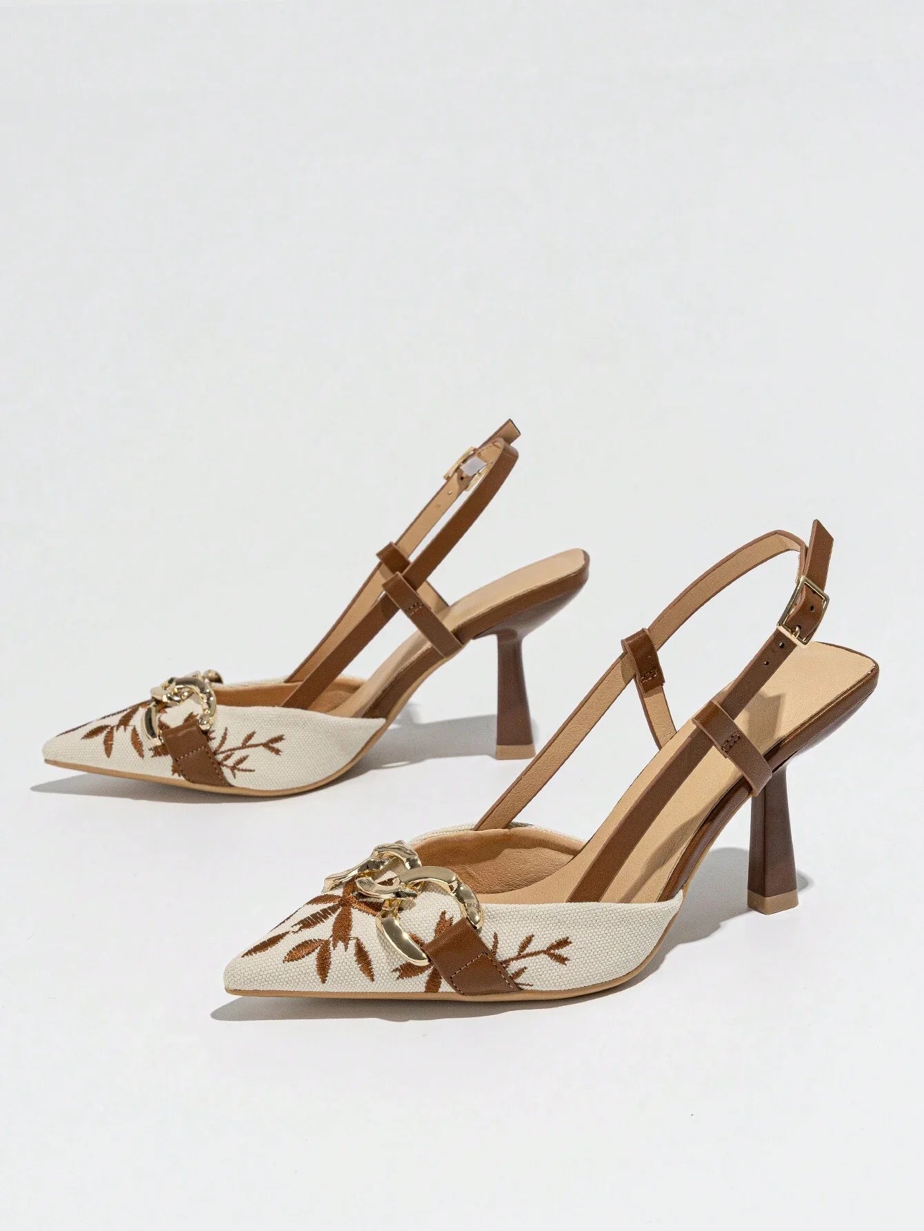 Women's Embroidery Chain Decor Pointed Toe Slip-On High Heel Sandals