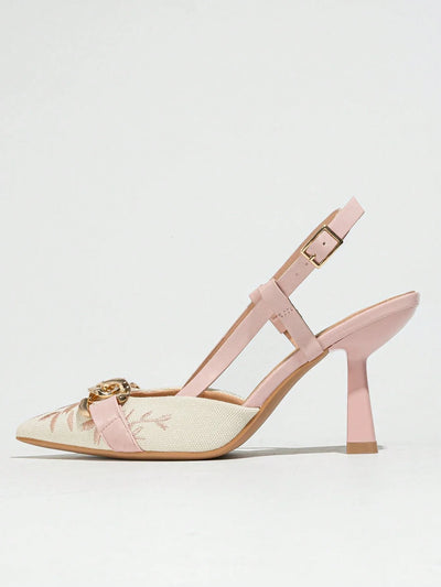 Women's Embroidery Chain Decor Pointed Toe Slip-On High Heel Sandals