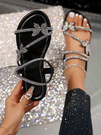 Rhinestone Bow & Multiple Straps Two Way Wear Women's Slippers
