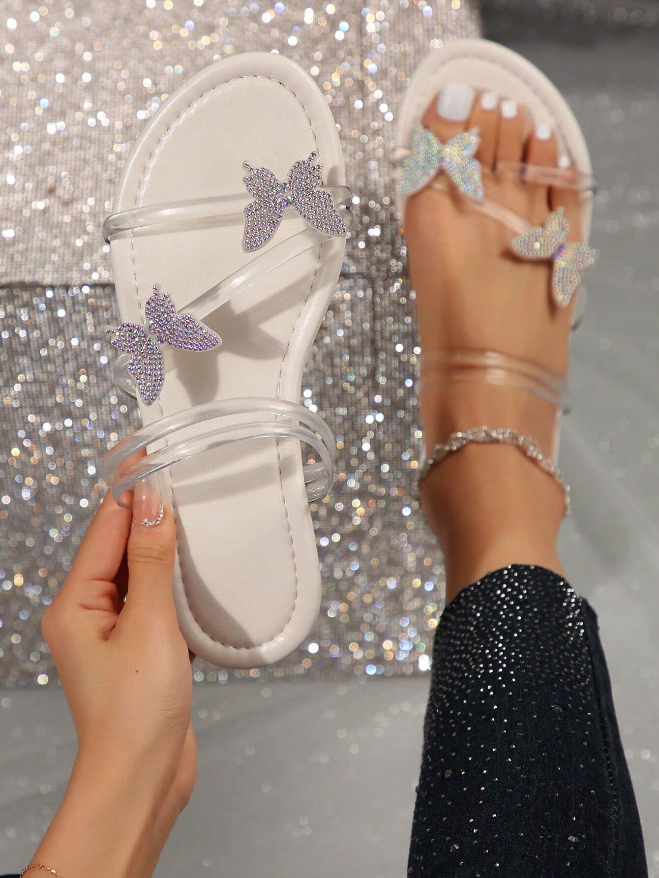 Rhinestone Bow & Multiple Straps Two Way Wear Women's Slippers