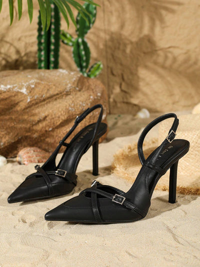 Women's Elegant Crisscross Strap Pointed Toe V-Cut Buckle High Heel Pumps
