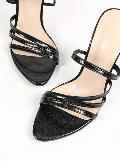 Women's High-heeled Sandals With Rhinestone Decoration, Metal Snake Patterned Fabric, Gorgeous Round Toe And Slim Heels