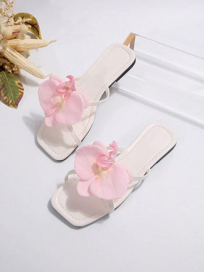 French Style Floral Strap Flat Slide Sandals