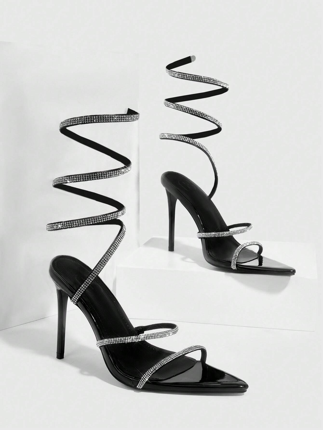 CUCCOO SZL Woman Shoes Rhinestone Decor Stiletto Heeled Strappy Glamorous Banquet Heeled Sandals