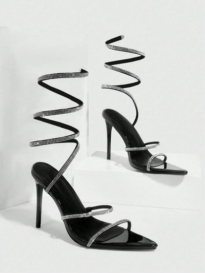 CUCCOO SZL Woman Shoes Rhinestone Decor Stiletto Heeled Strappy Glamorous Banquet Heeled Sandals