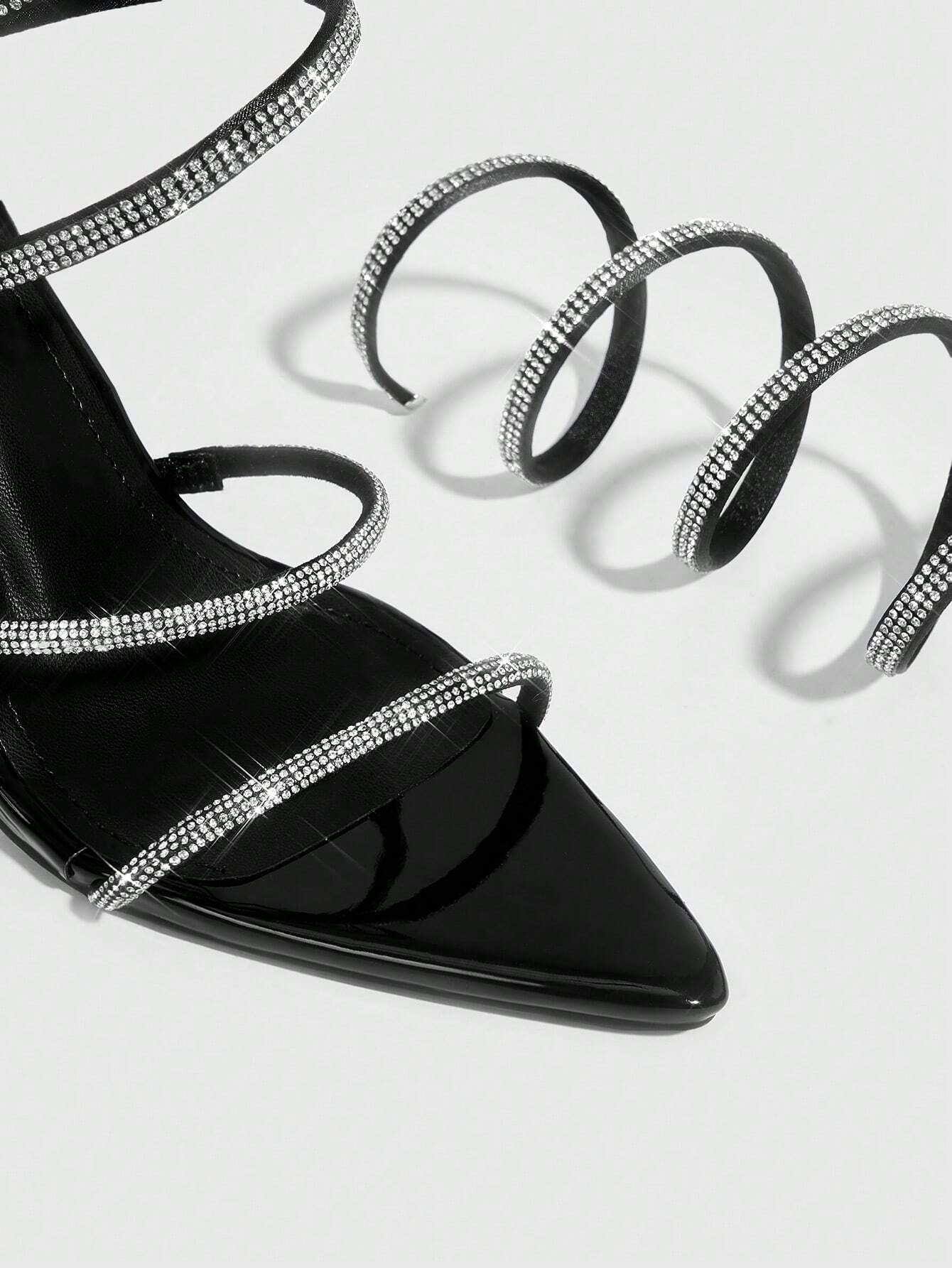 CUCCOO SZL Woman Shoes Rhinestone Decor Stiletto Heeled Strappy Glamorous Banquet Heeled Sandals
