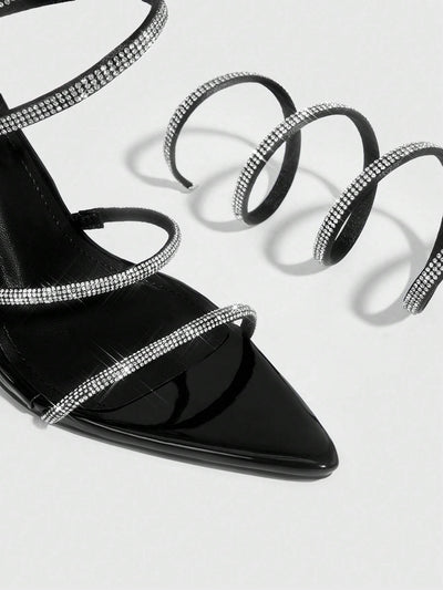 CUCCOO SZL Woman Shoes Rhinestone Decor Stiletto Heeled Strappy Glamorous Banquet Heeled Sandals