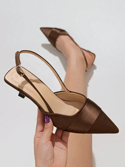 Women Slingback Single Shoes With Buckle Design, Pointed Toe, Kitten Heel, And Back Strap