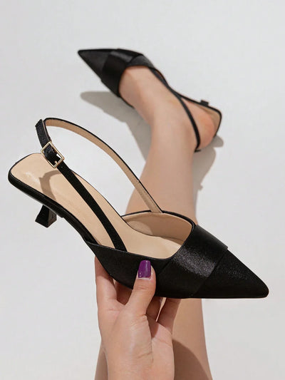 Women Slingback Single Shoes With Buckle Design, Pointed Toe, Kitten Heel, And Back Strap
