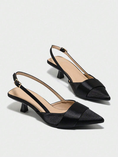 Women Slingback Single Shoes With Buckle Design, Pointed Toe, Kitten Heel, And Back Strap