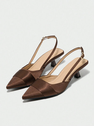 Women Slingback Single Shoes With Buckle Design, Pointed Toe, Kitten Heel, And Back Strap