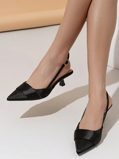 Women Slingback Single Shoes With Buckle Design, Pointed Toe, Kitten Heel, And Back Strap