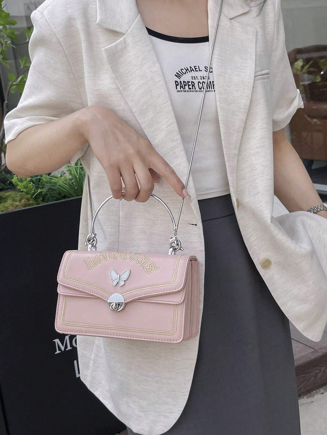 Small Flap Square Bag Letter Embroidered Metal Decor