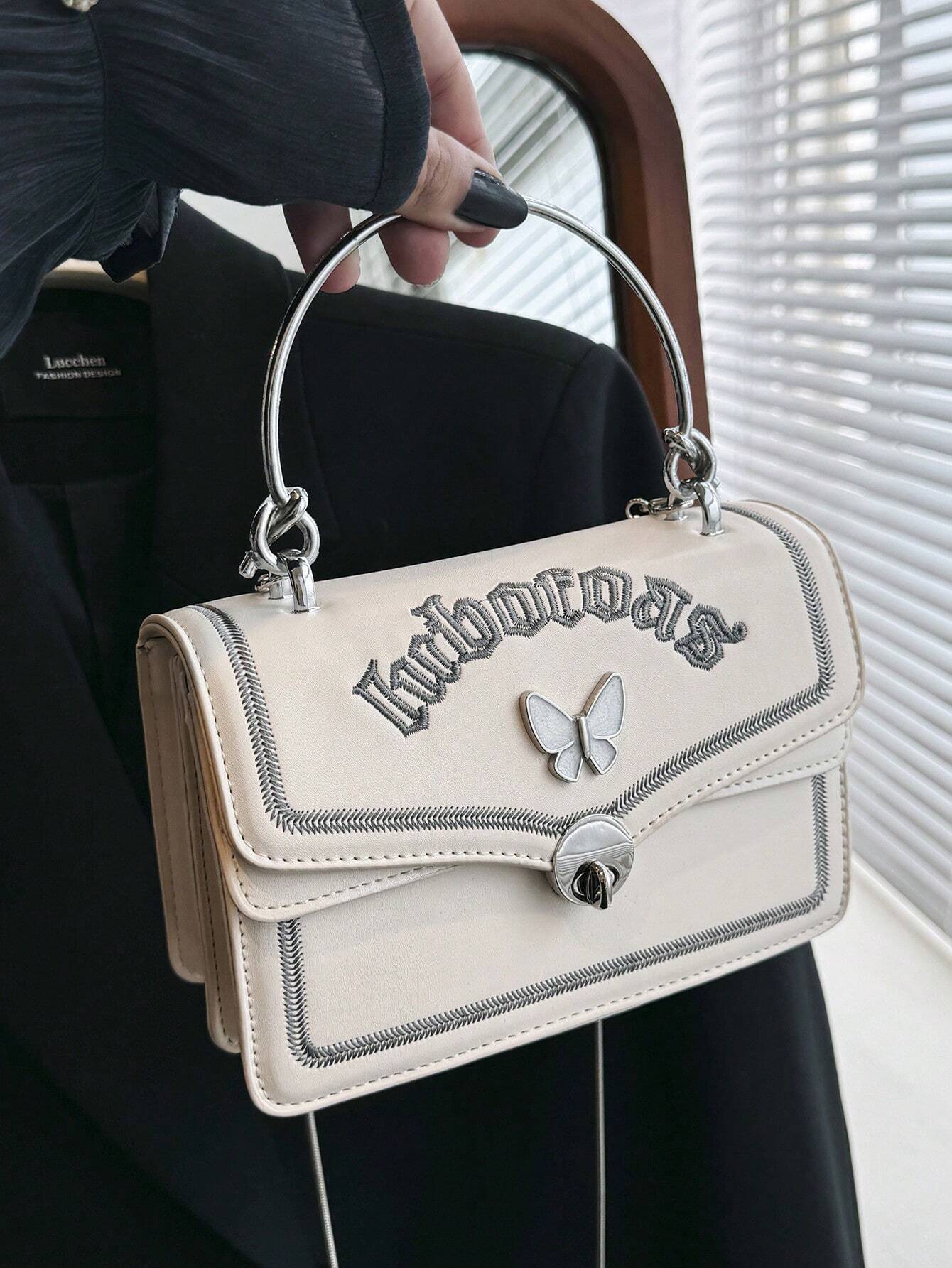 Small Flap Square Bag Letter Embroidered Metal Decor